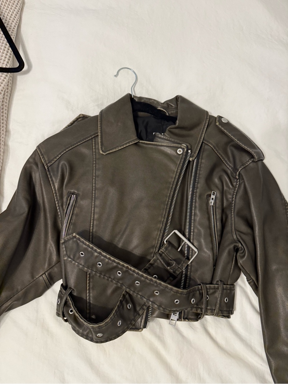 Zara Olive Green Belted Leather Moto Jacket